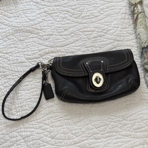 Coach Black Leather Wristlet with Silver Accents